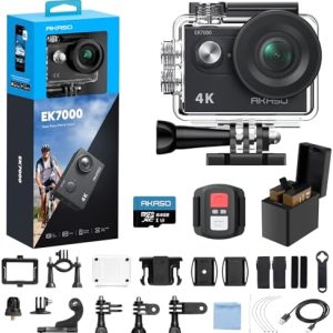 AKASO EK7000 4K30fps Action Camera with 64GB MicroSDXC U3 Memory Card Accessories Kit Bundle Ultra HD 131FT Waterproof Underwater Camera EIS WiFi Remote Control 4X Zoom, Black